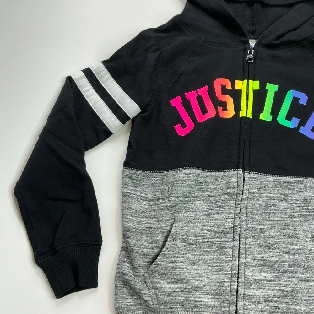Justice Black Rainbow Logo Zip Up Hoodie Kids Size 6/7 Colorblock Varsity